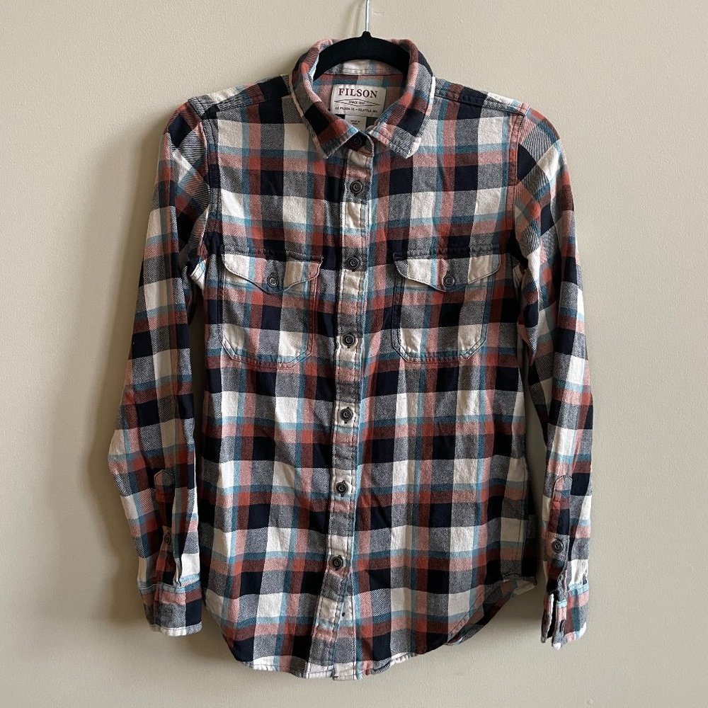 Filson Burnt Orange/Teal/Black/Cream Flannel Shirt XS